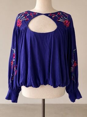 Embroidered Open-Back Peasant Blouse - Purple Blue Color